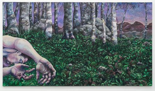 Large oil painting of a figure lying in lush green forest undergrowth with birch trees and purple twilight sky